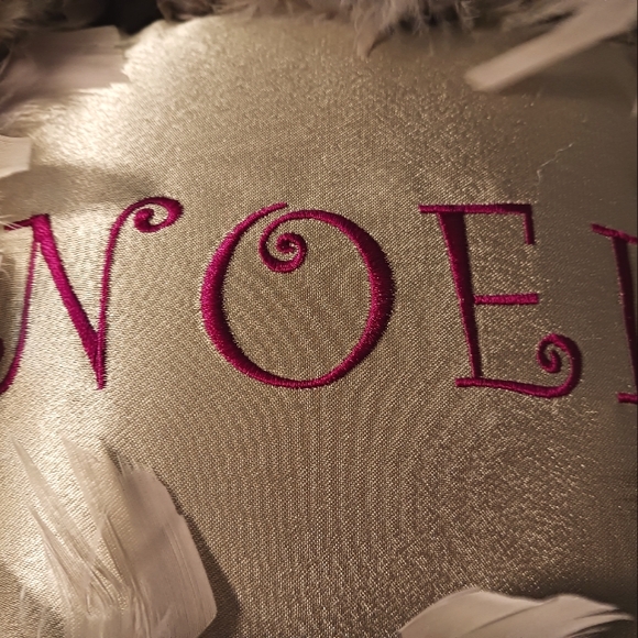 Noel Satin Christmas Pillow w/feathers, 9" x 9", Sage Green/Purple - Picture 2 of 4